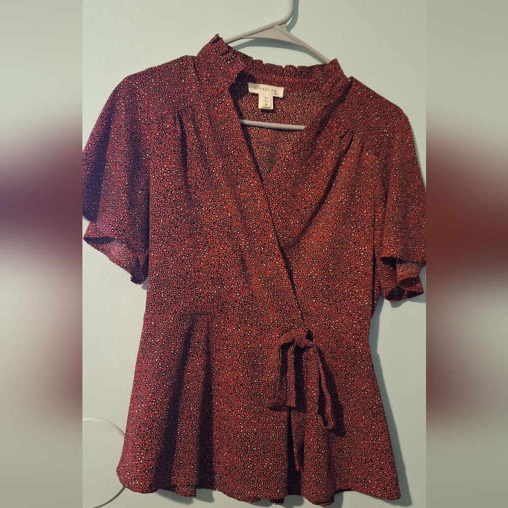 Monteau Red Floral Wrap Blouse